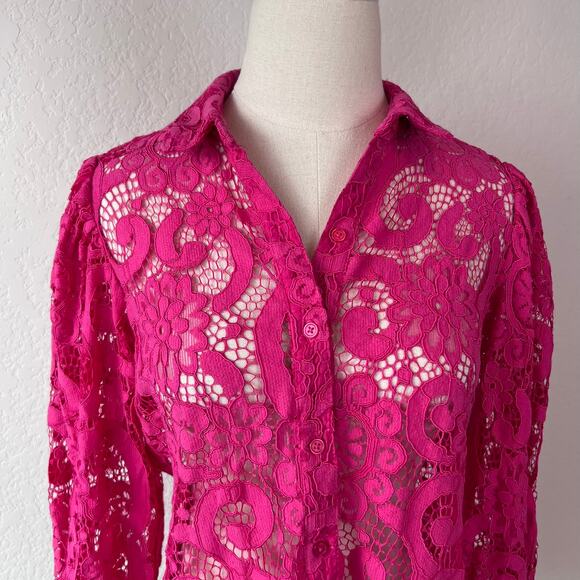 Saks Fifth Avenue Lace Button Up Collared Shirt Sheer 3/4 Sleeve Small Pink - Picture 12 of 13